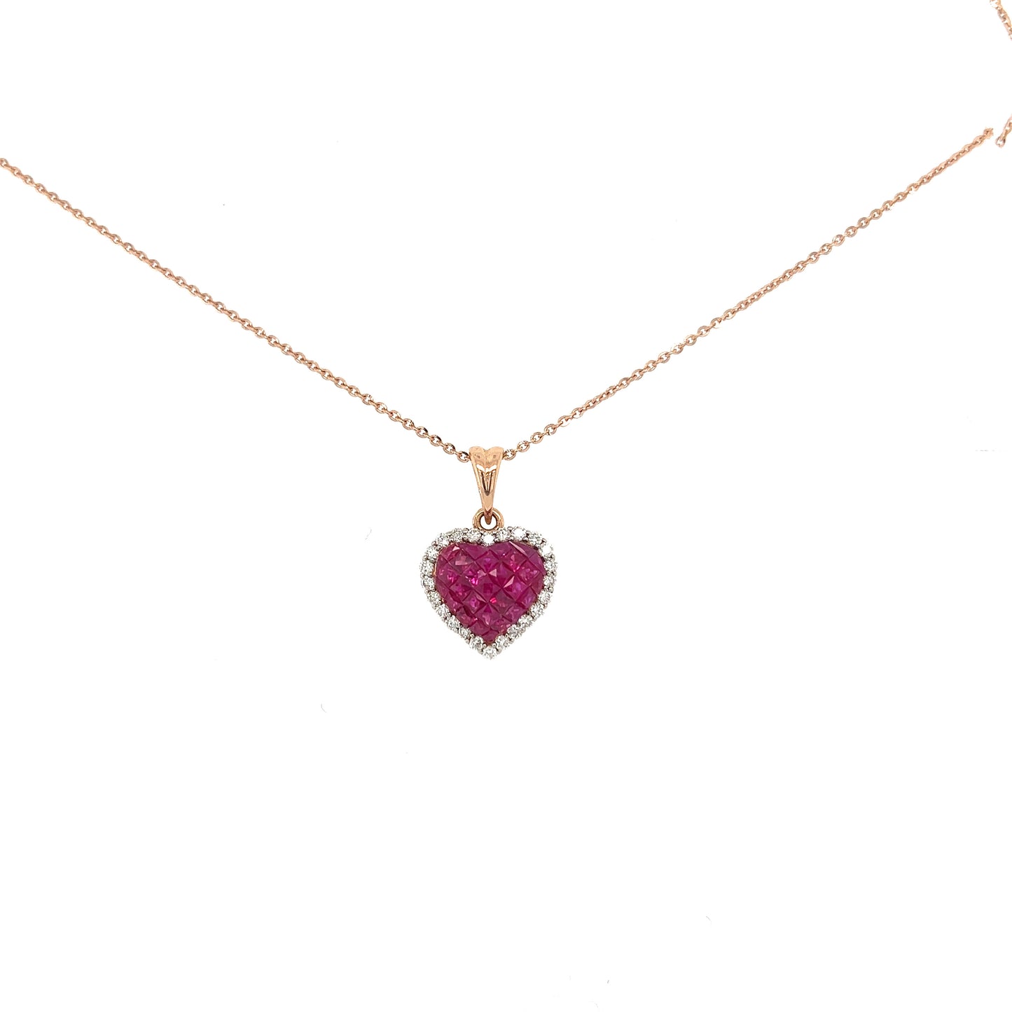 18k rose gold Heart shaped invisible set Ruby & diamond pendant necklace