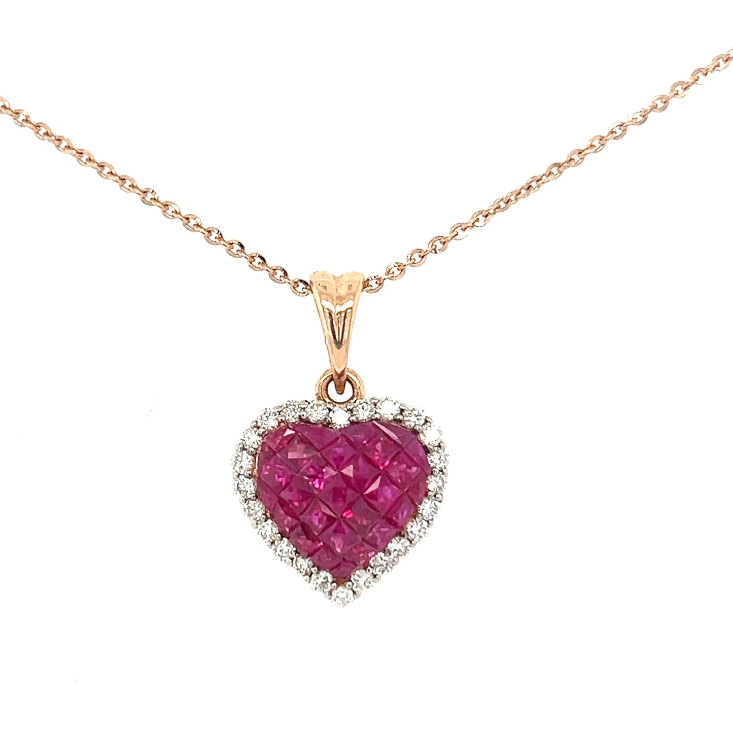 Heart-Shaped Invisible Set Ruby & Diamond pendant necklace 18K Rose Gold