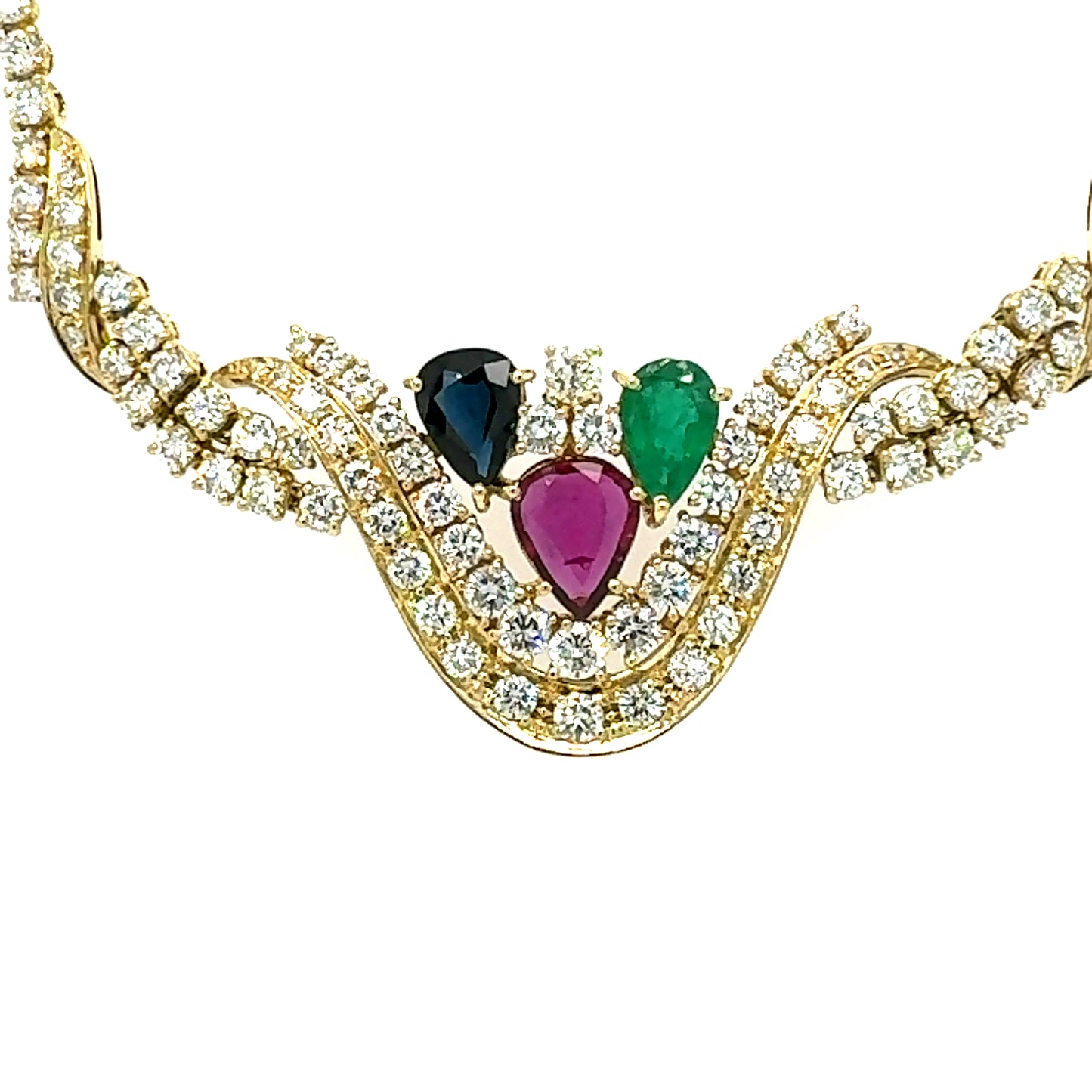 18k gold Multicolour Emerald, Ruby, Sapphire & diamond Cluster Necklace