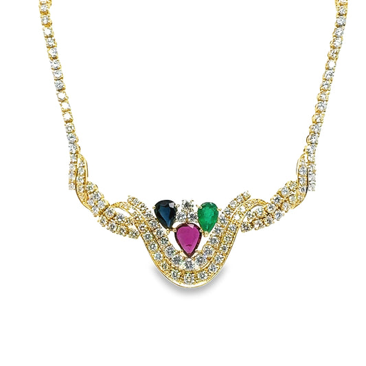 Multicolour Emerald, Ruby, Sapphire & diamond Cluster Necklace