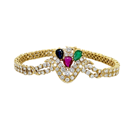 Multicolour Emerald, Ruby, Sapphire & diamond Cluster Bracelet 18K Yellow Gold alternate view