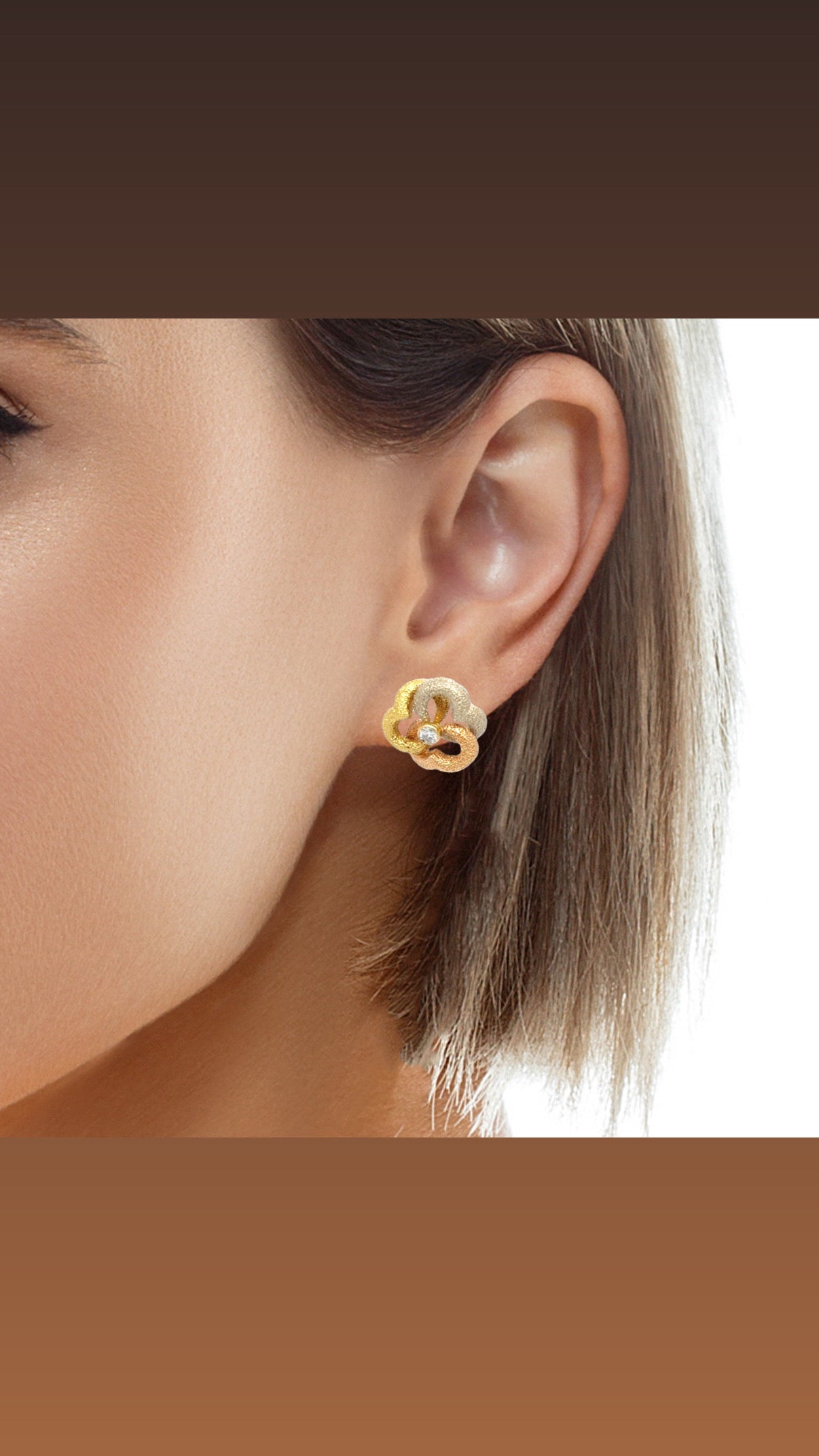 18k gold 3 tone flower shape stud earrings