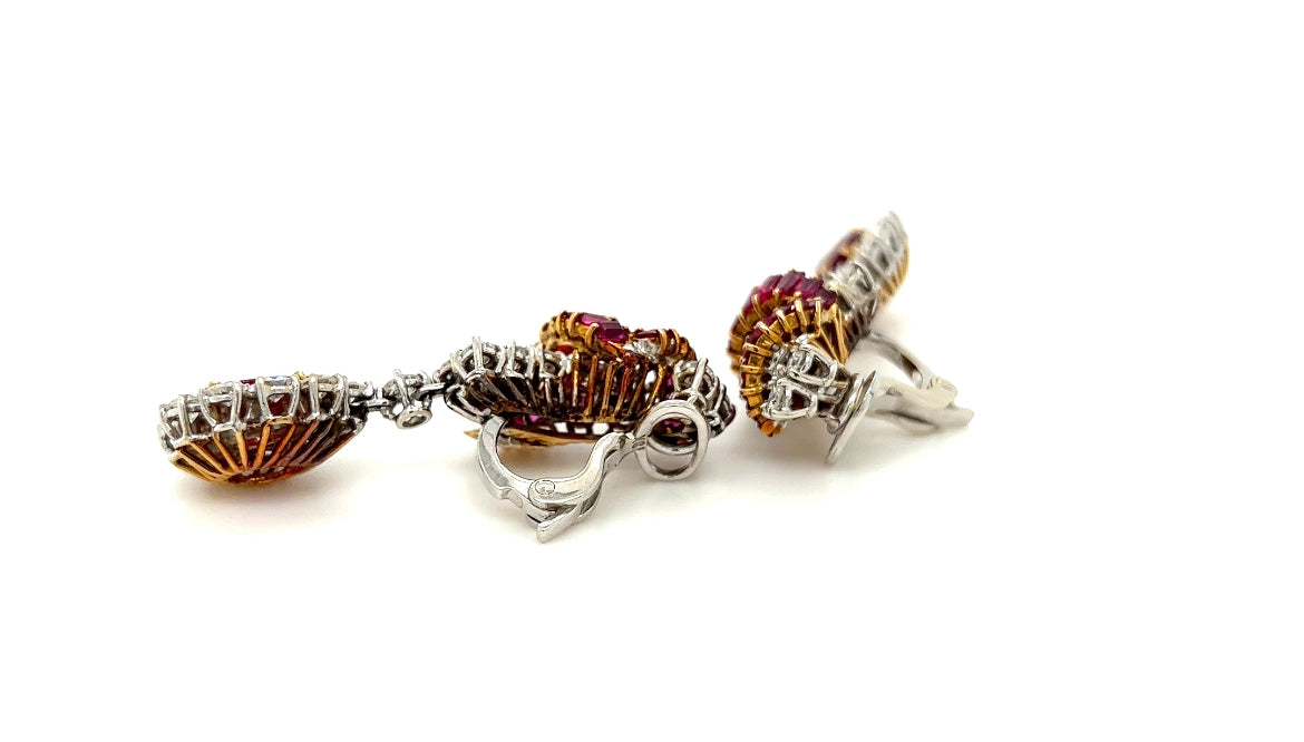 Pear shape ruby & diamond Cluster Earrings