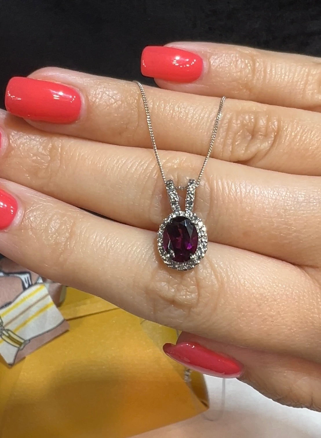 Rhodolite Garnet & Diamond Pendant Necklace in 9k White Gold