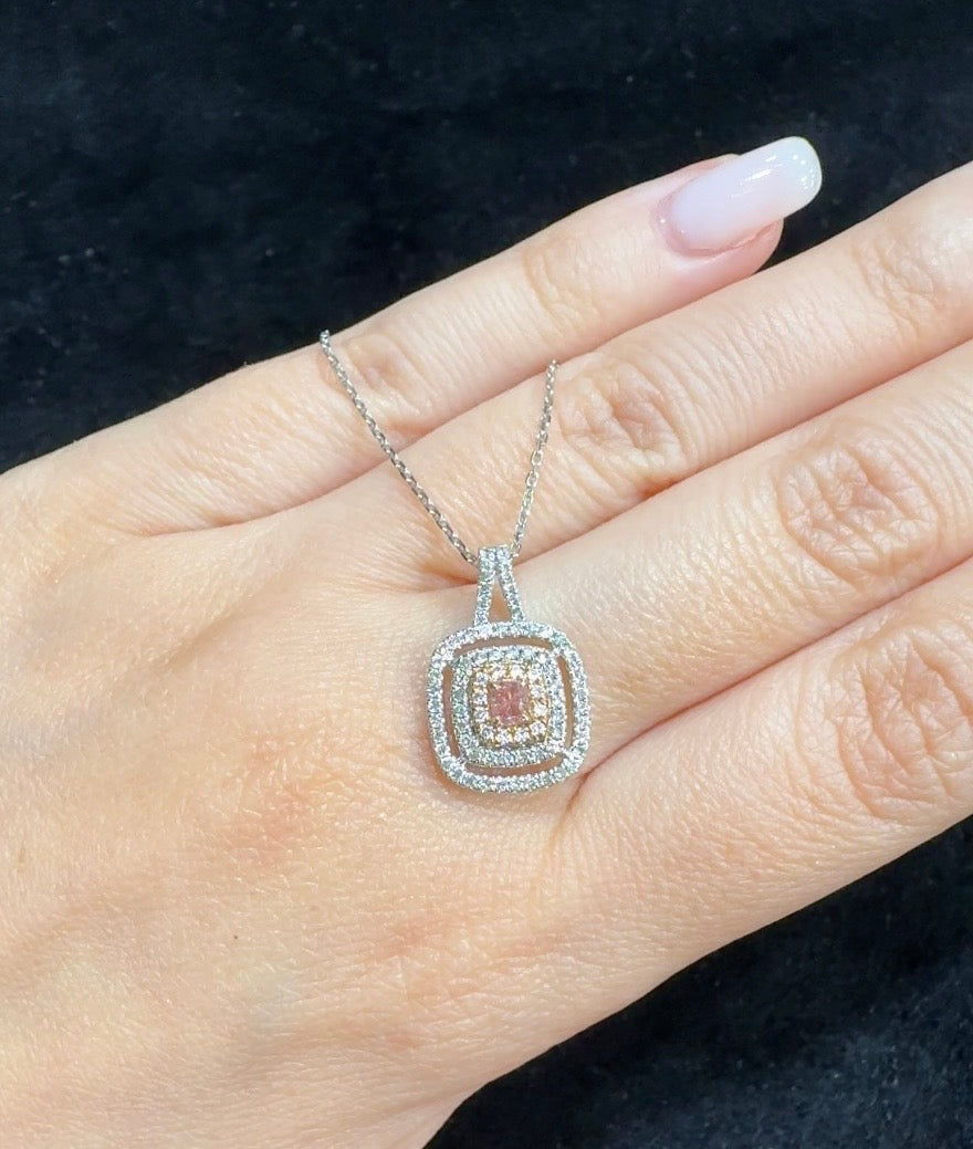 Pink Diamond Triple Halo Square Pendant in 18K White Gold