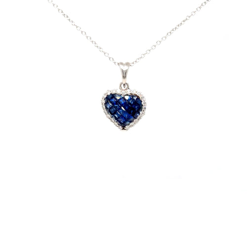 18k gold Heart shaped invisible setting sapphire & diamond Pendant Necklace