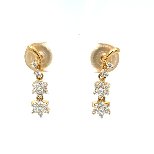 18k gold double flower diamond drop earrings