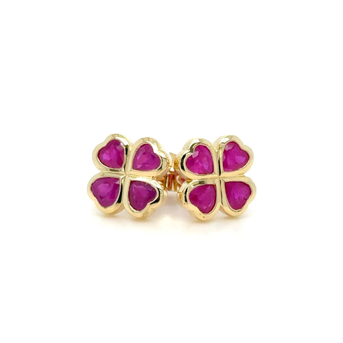 18k gold 4-heart clover Burmese ruby stud earrings