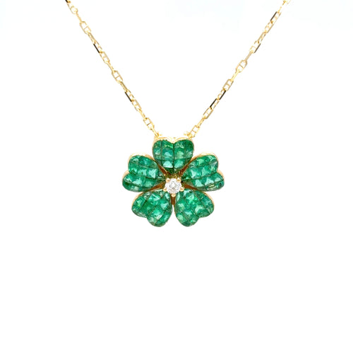 18k gold Invisible set Emerald & diamond flower pendant necklace