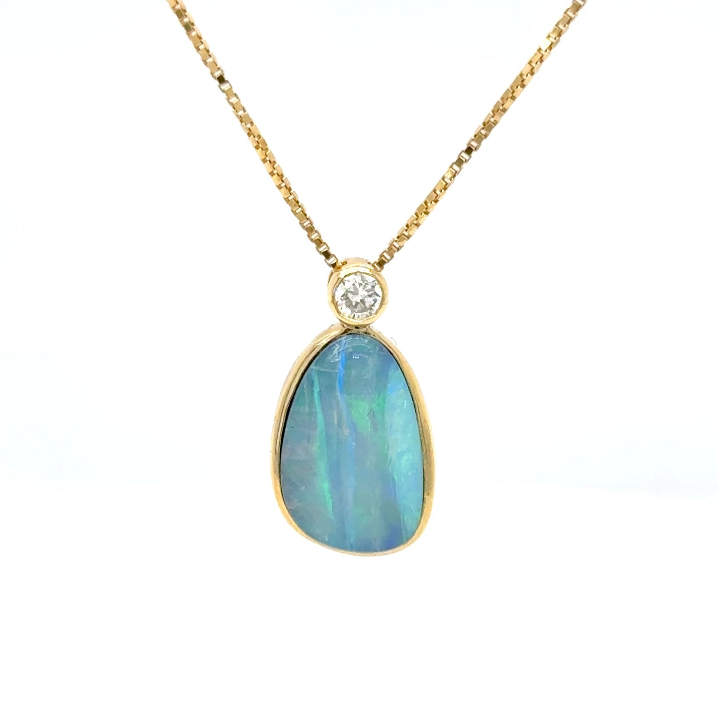 Australian Blue Opal & Diamond Pendant in 18K Yellow Gold