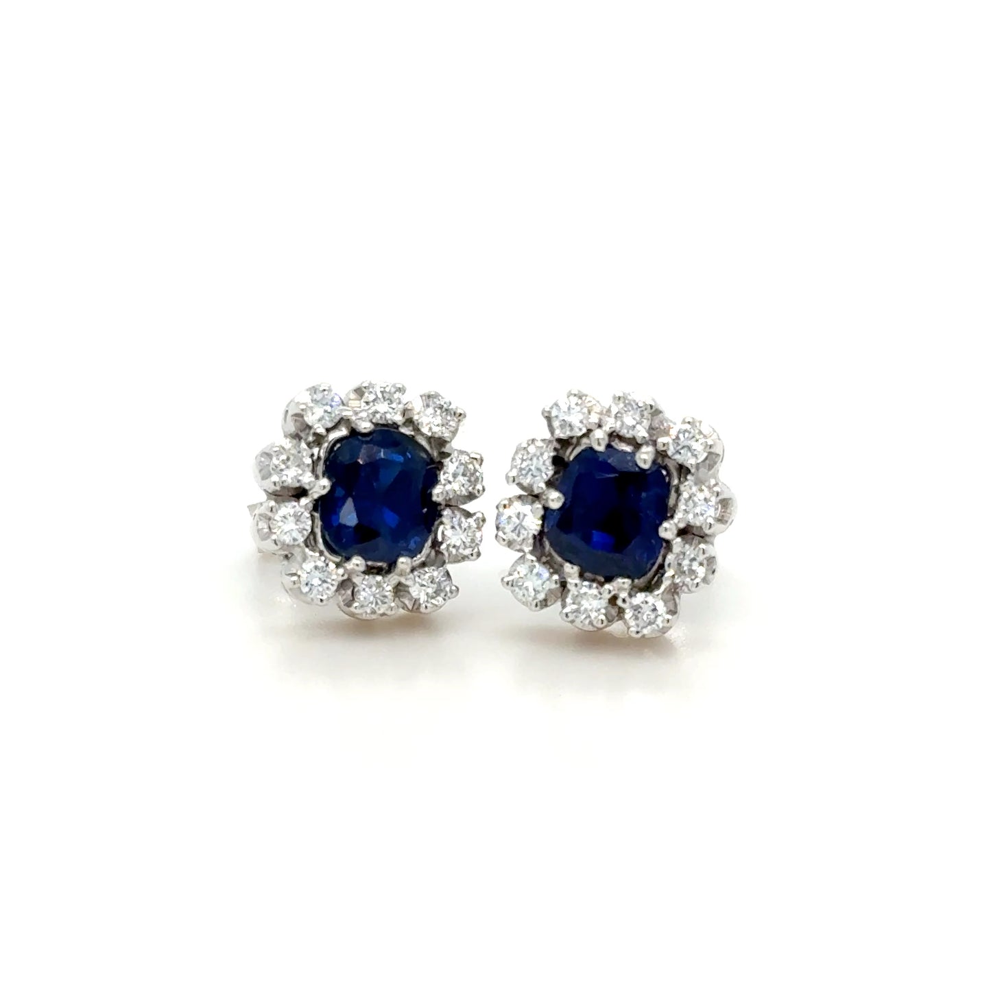 18K Gold Royal Blue Unheated Sapphire & Diamond Cushion Cut Earrings