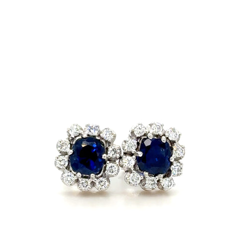 18K Gold Royal Blue Unheated Sapphire & Diamond Cushion Cut Earrings