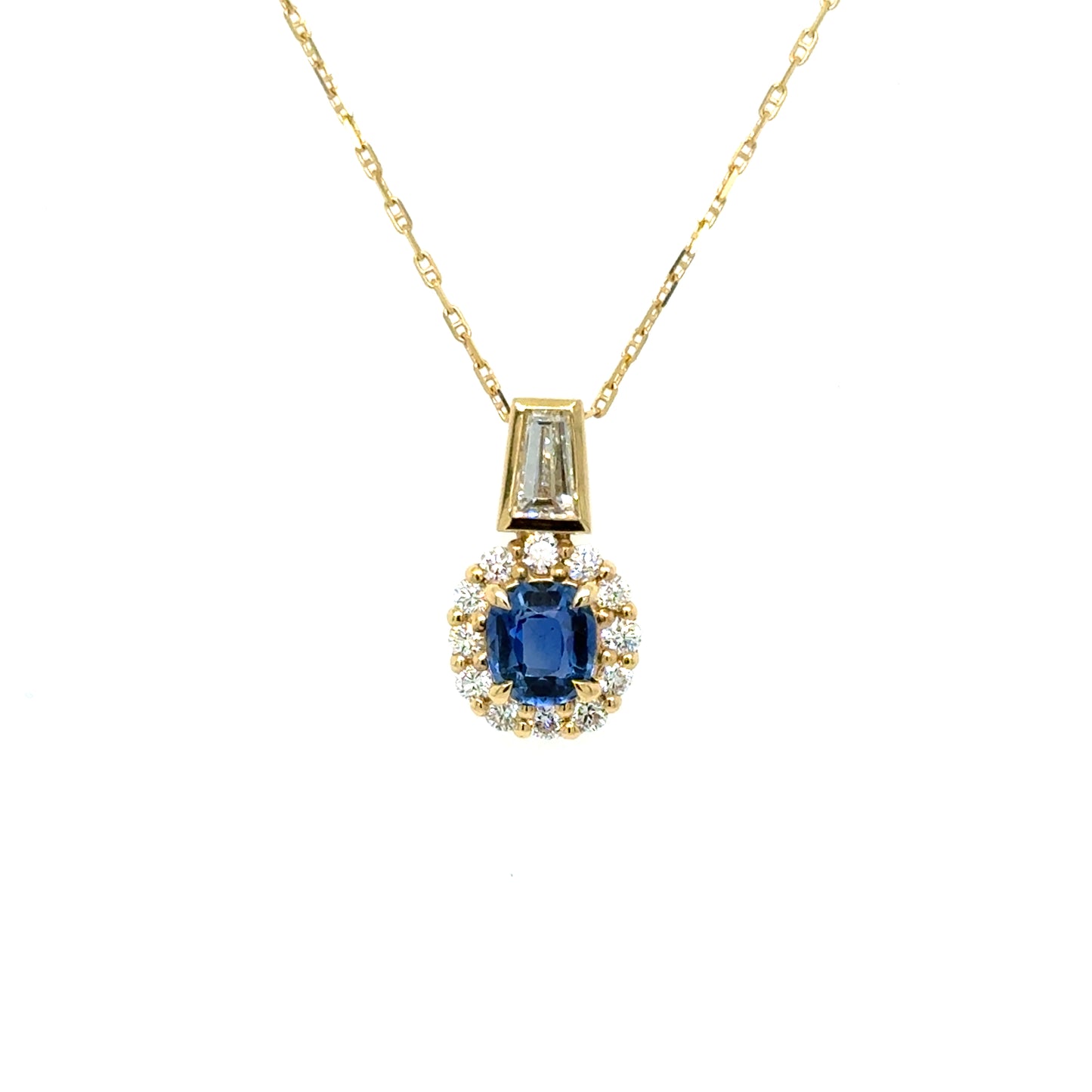 Ceylon Sapphire & Baguette Diamond Pendant Necklace 18K Yellow Gold