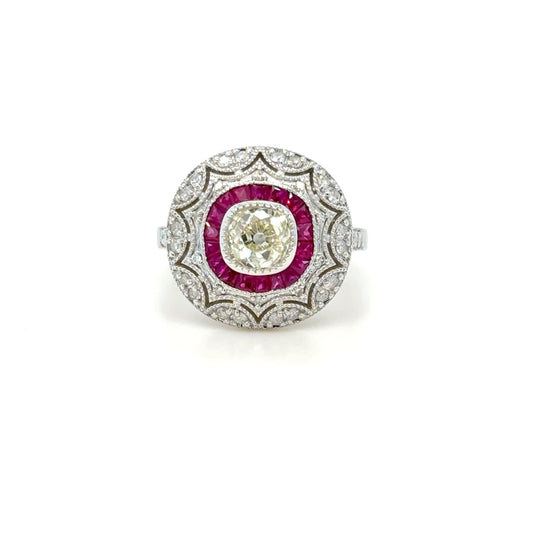 Burma Ruby & Old Cut Diamond Halo Ring in 18K White Gold alternate view