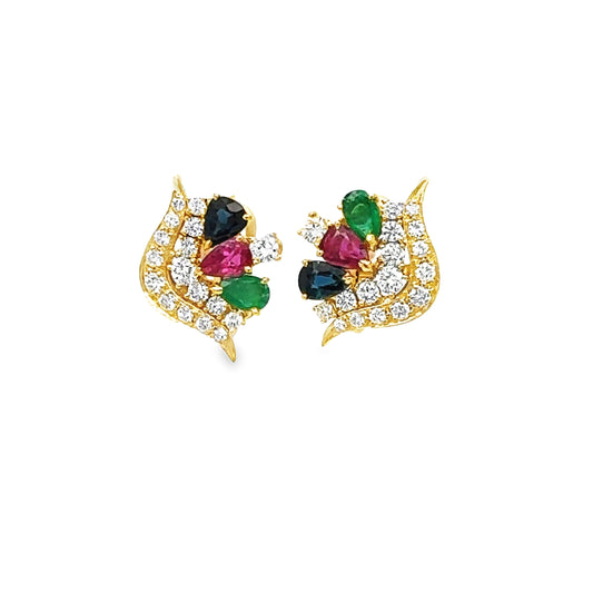 Multicolour Emerald, Ruby, Sapphire & Diamond Cluster Earrings