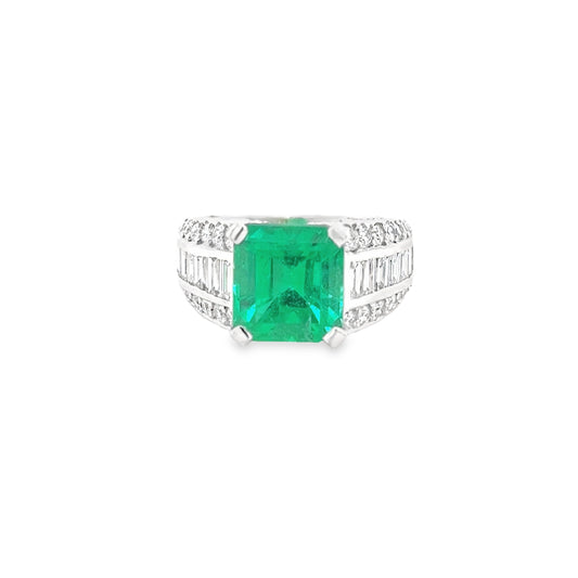 4.35ct Colombian Octagonal Cut Emerald and Diamond Ring