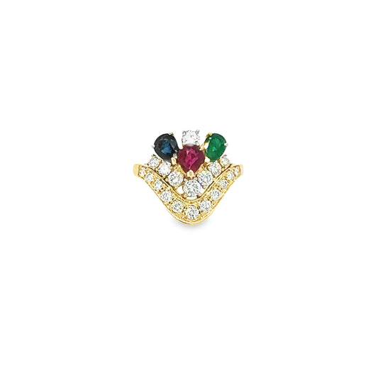 Multicolour Emerald , Ruby , Sapphire & diamonds Cluster Ring