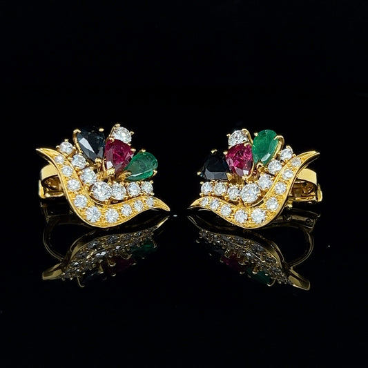 Multicolour Emerald, Ruby, Sapphire & Diamond Cluster Earrings in 18K Yellow Gold alternate view