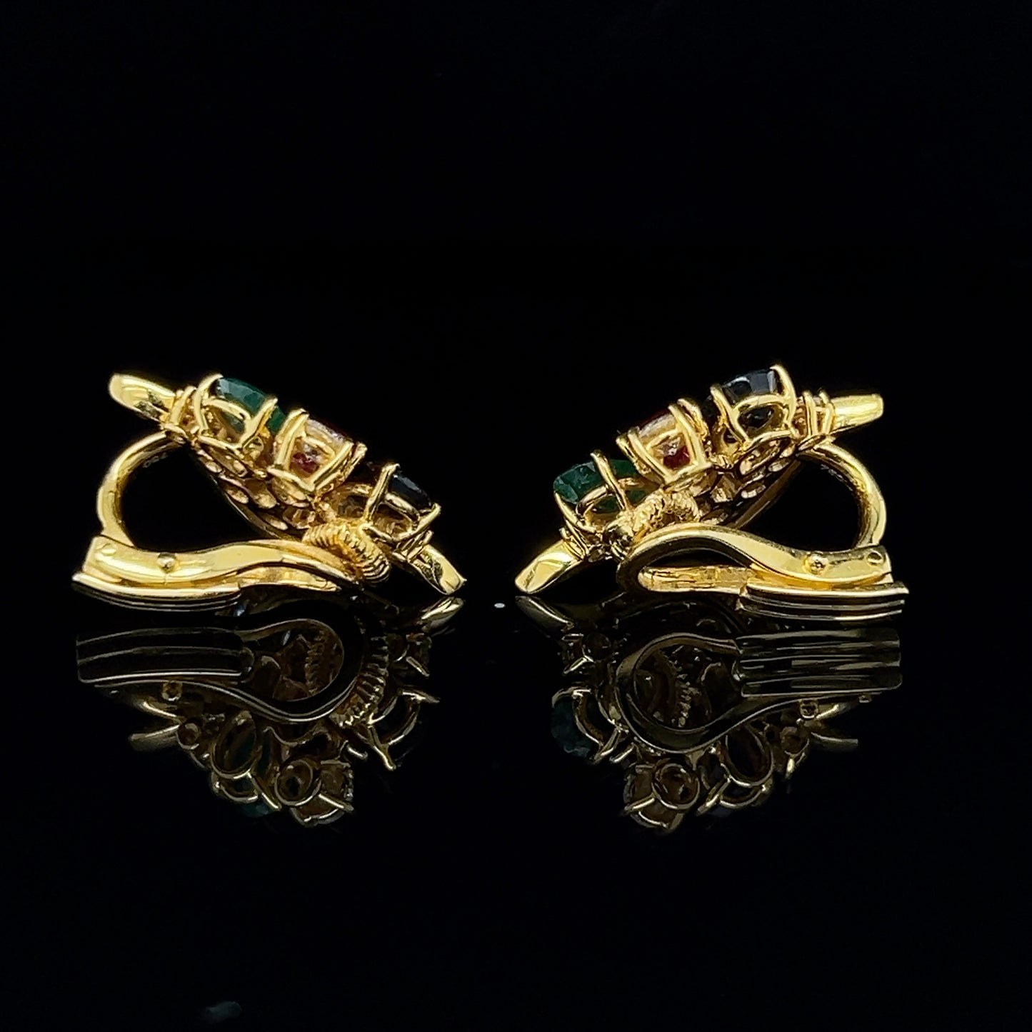 Multicolour Emerald, Ruby, Sapphire & Diamond Cluster Earrings