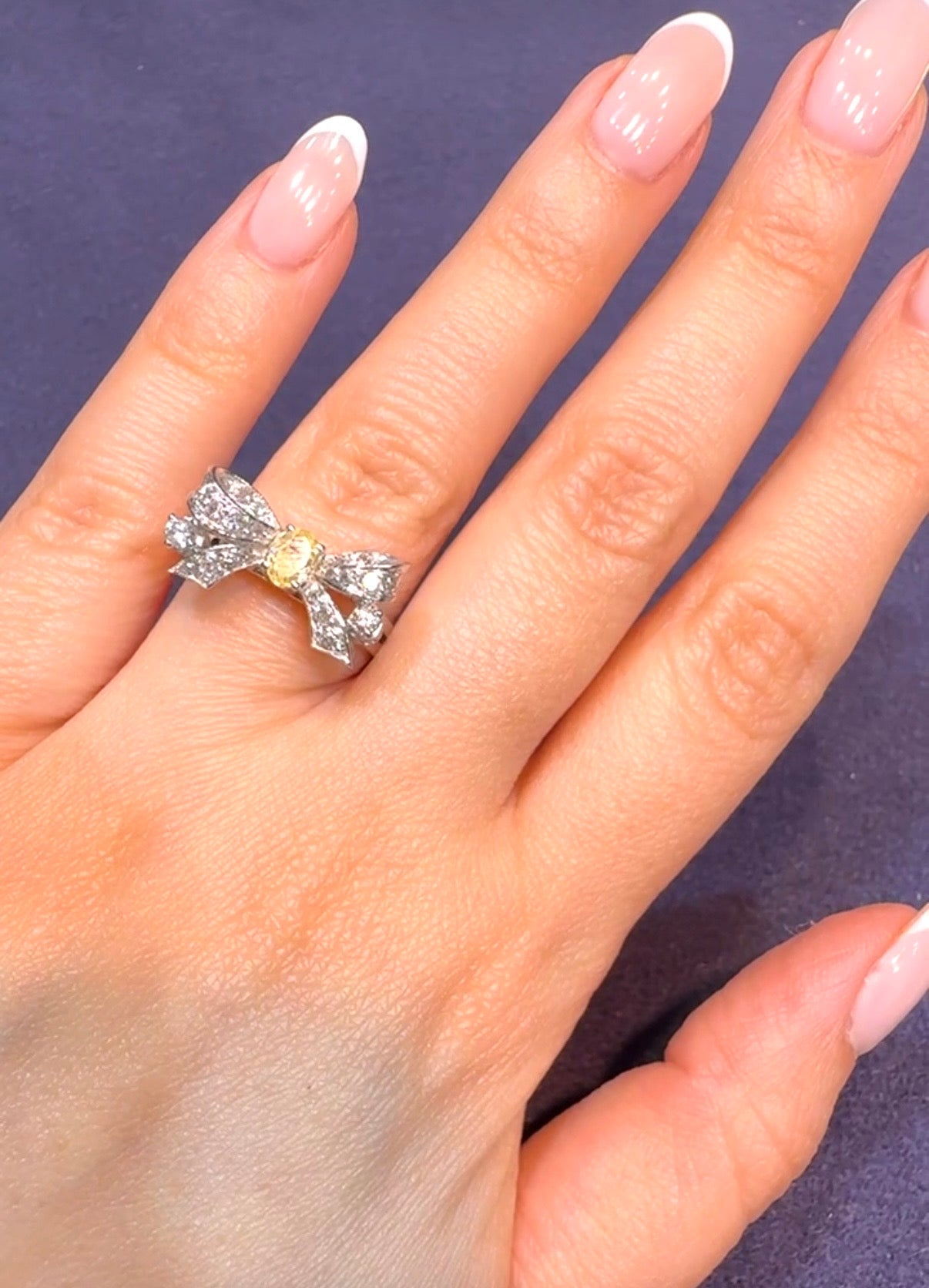 Yellow & White Diamond Bow Ring in 18K White Gold