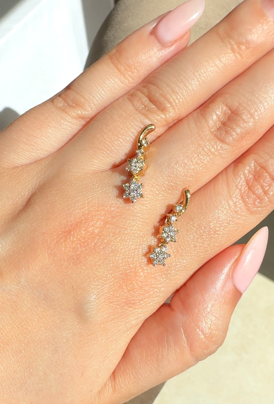 18k gold double flower diamond drop earrings