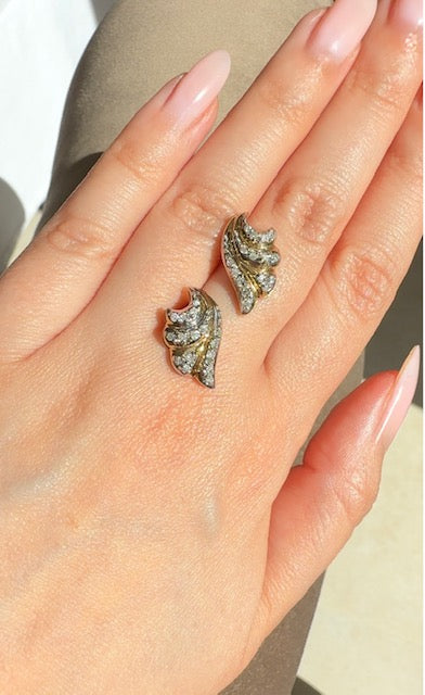 18k gold leaf shape earrings with diamonds