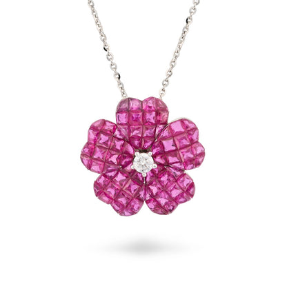 Flower shape ruby & diamond necklace