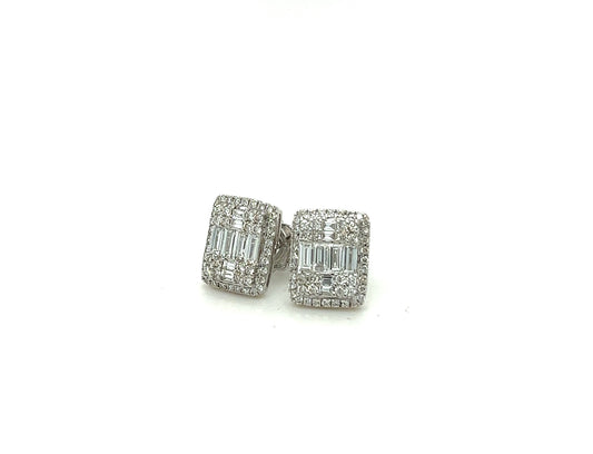 Diamond Baguette around Earrings 18K White Gold