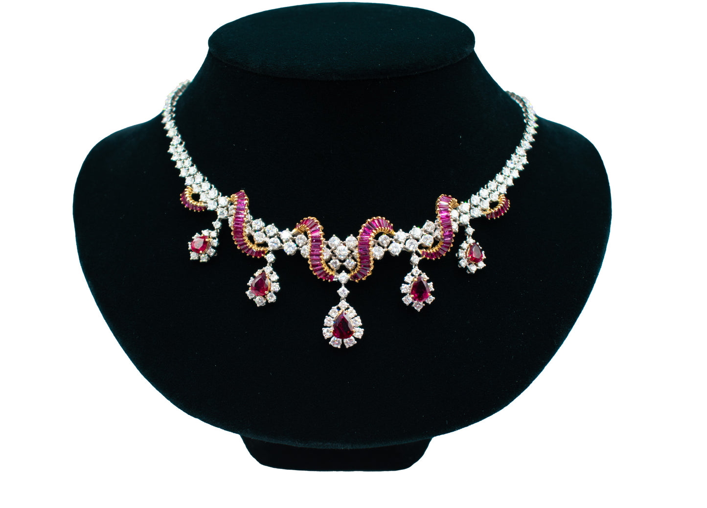 Ruby & Diamond Cluster Necklace 18K Yellow & White Gold
