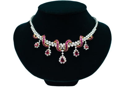 Ruby & Diamond Cluster Necklace 18K Yellow & White Gold
