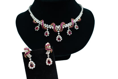 Ruby & Diamond Cluster Necklace 18K Yellow & White Gold
