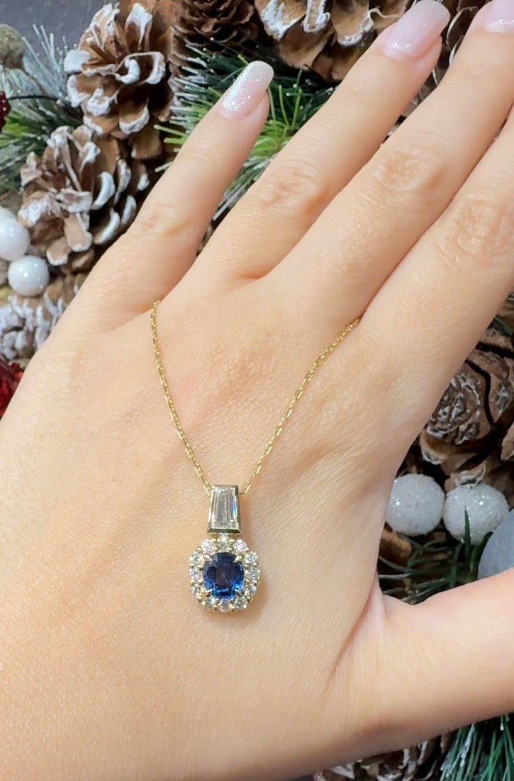 Ceylon Sapphire & Baguette Diamond Pendant Necklace 18K Yellow Gold