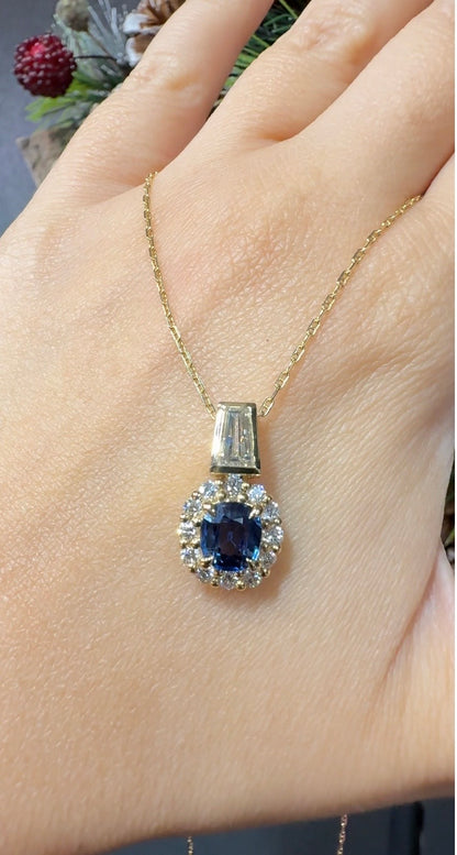 Ceylon Sapphire & Baguette Diamond Pendant Necklace 18K Yellow Gold