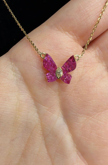 Butterfly Ruby & Diamond Necklace in 18K Yellow Gold