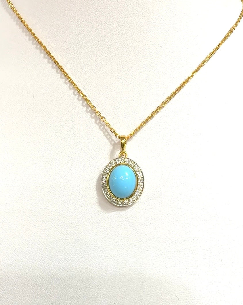 Turquoise & Diamond Pendant Necklace in 18K Yellow Gold