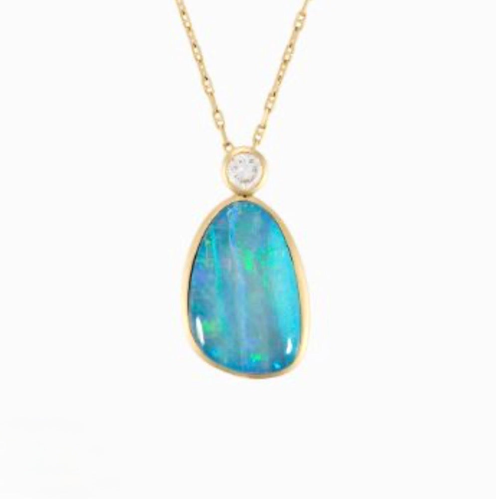Australian Blue Opal & Diamond Pendant in 18K Yellow Gold