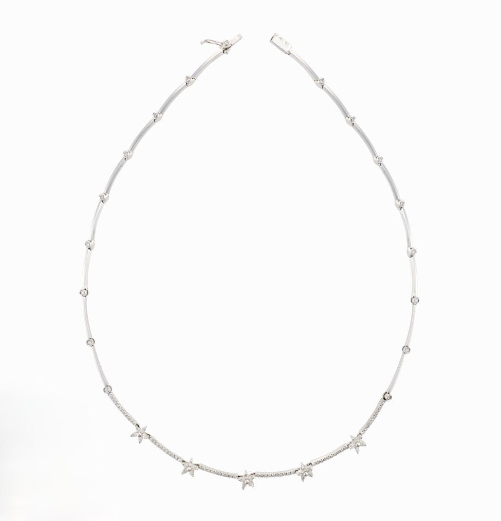 Diamond Flower Motif Collar Necklace in 18K White Gold