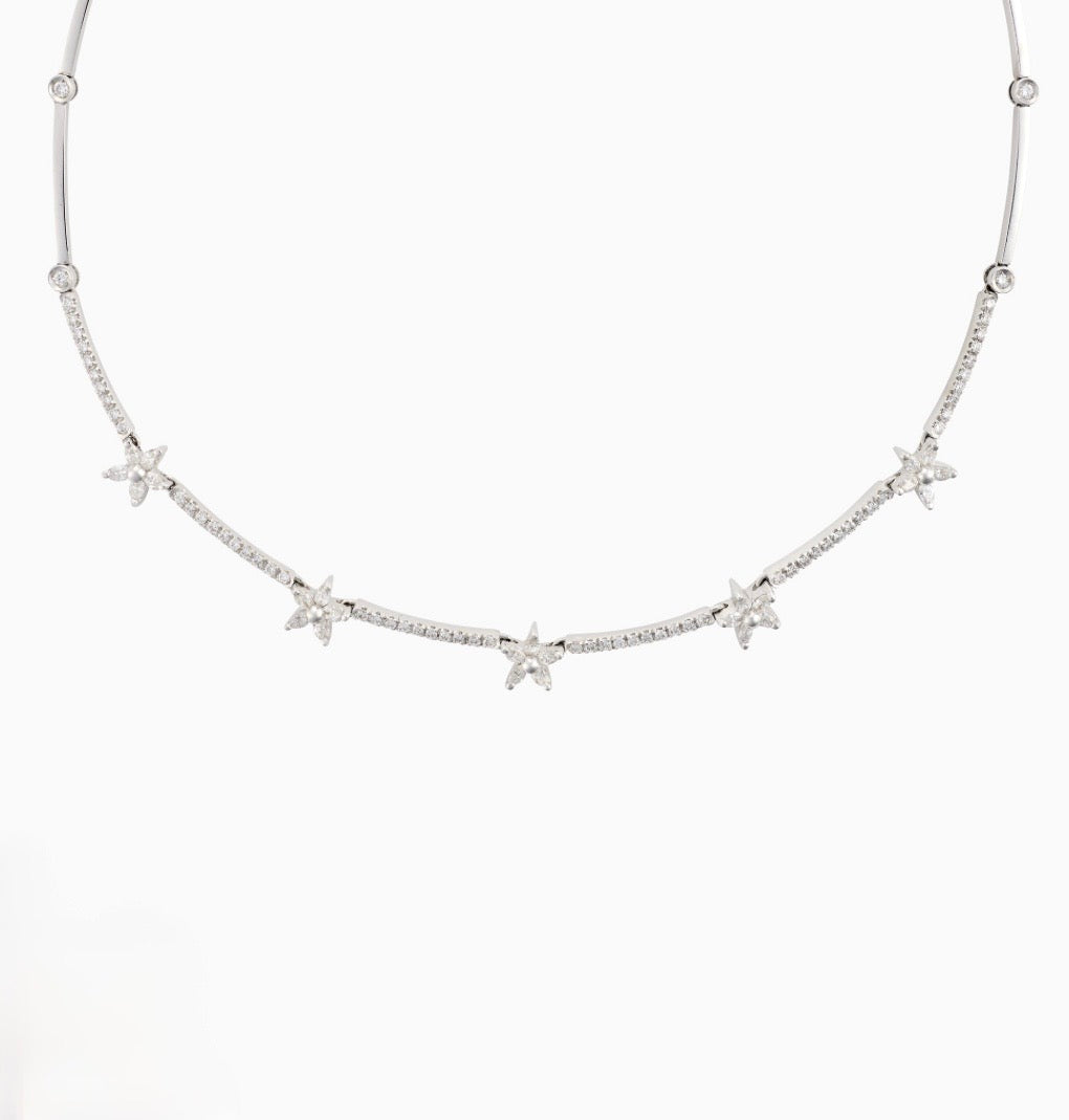 Diamond Flower Motif Collar Necklace in 18K White Gold