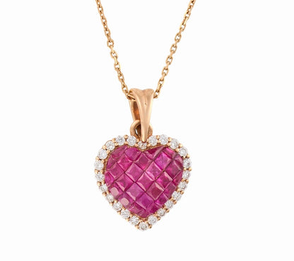 Heart-Shaped Invisible Set Ruby & Diamond pendant necklace 18K Rose Gold