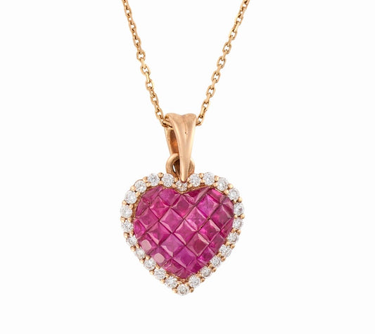 Heart-Shaped Invisible Set Ruby & Diamond pendant necklace 18K Rose Gold