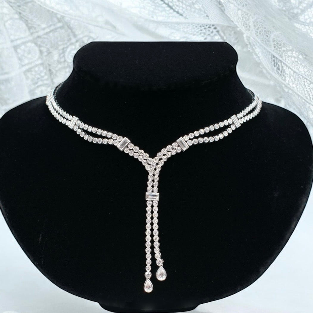 Two-Row Diamond Drop Necklace in 18K White Gold