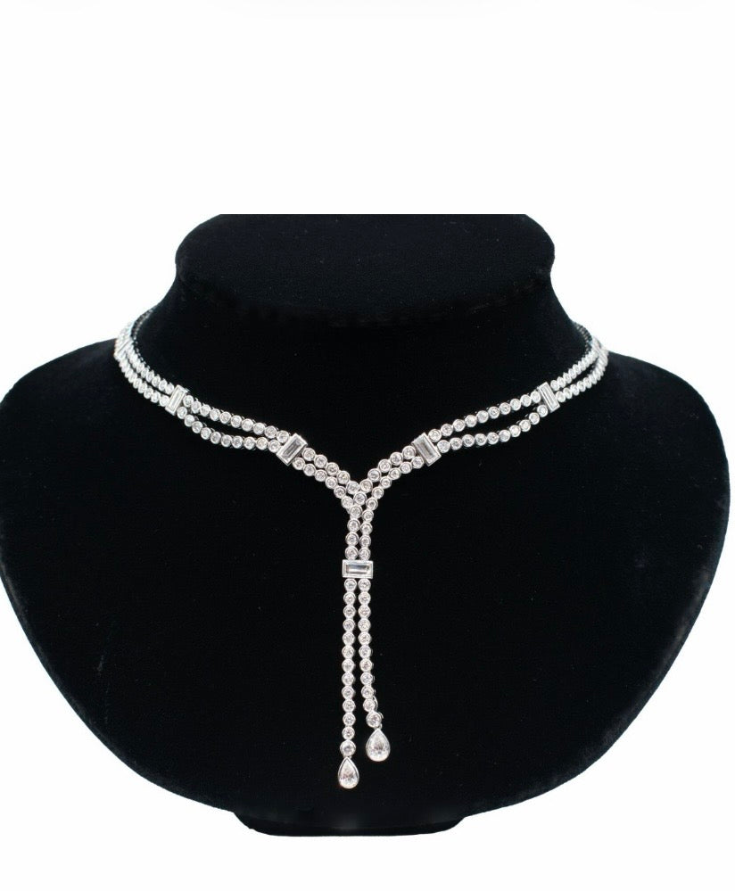 Two-Row Diamond Drop Necklace in 18K White Gold