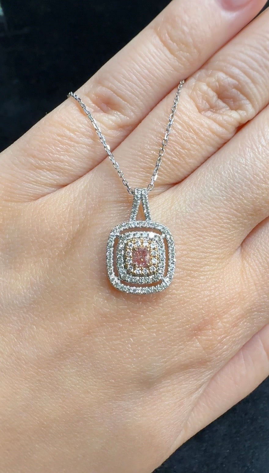Pink Diamond Triple Halo Square Pendant in 18K White Gold