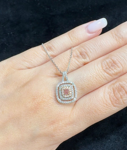 Pink Diamond Triple Halo Square Pendant in 18K White Gold