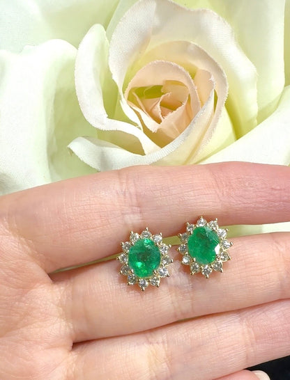 Emerald & Diamond Cluster Earrings in 18K Yellow Gold