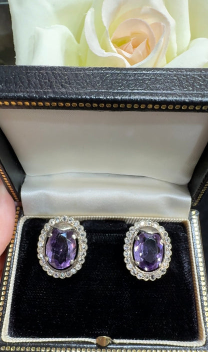 Amethyst & Rose Cut Diamond Earrings in 18K White Gold