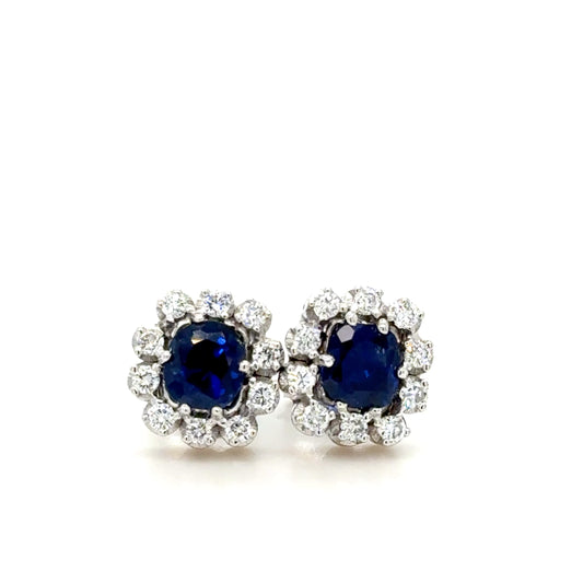 18K Gold Royal Blue Unheated Sapphire & Diamond Cushion Cut Earrings