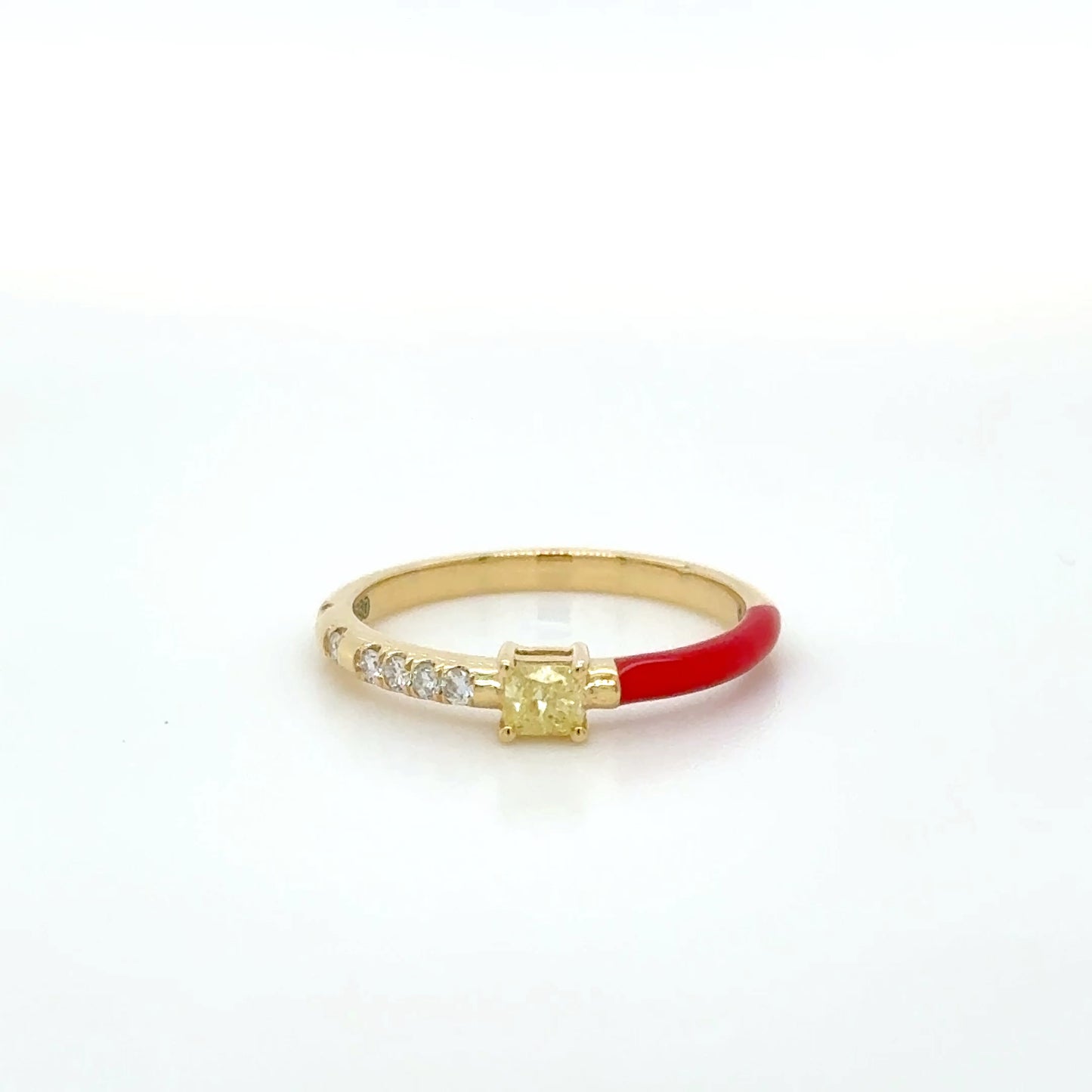 18K Yellow Gold Yellow Diamond & Red Enamel stackable ring