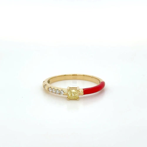 18K Yellow Gold Yellow Diamond & Red Enamel stackable ring