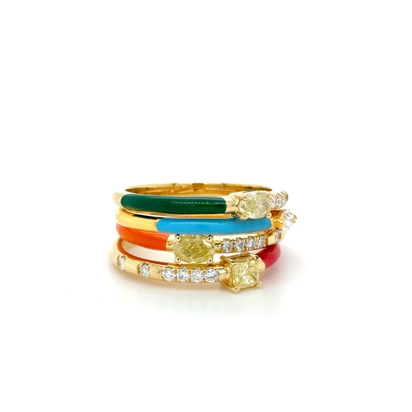 18K Yellow Gold Yellow Diamond & Green Enamel stackable Ring